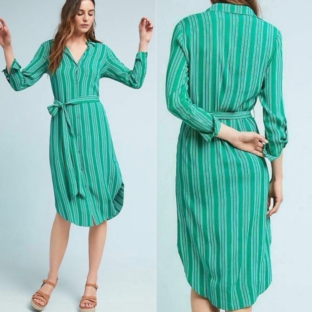 Anthropologie Maeve Martina Striped Belted Shirtdress